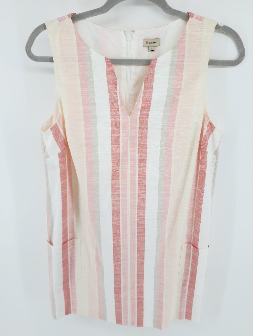 CREMIEUX Pastel Striped Shift Dress Small Cotton Sleeveless Pockets Preppy VNeck